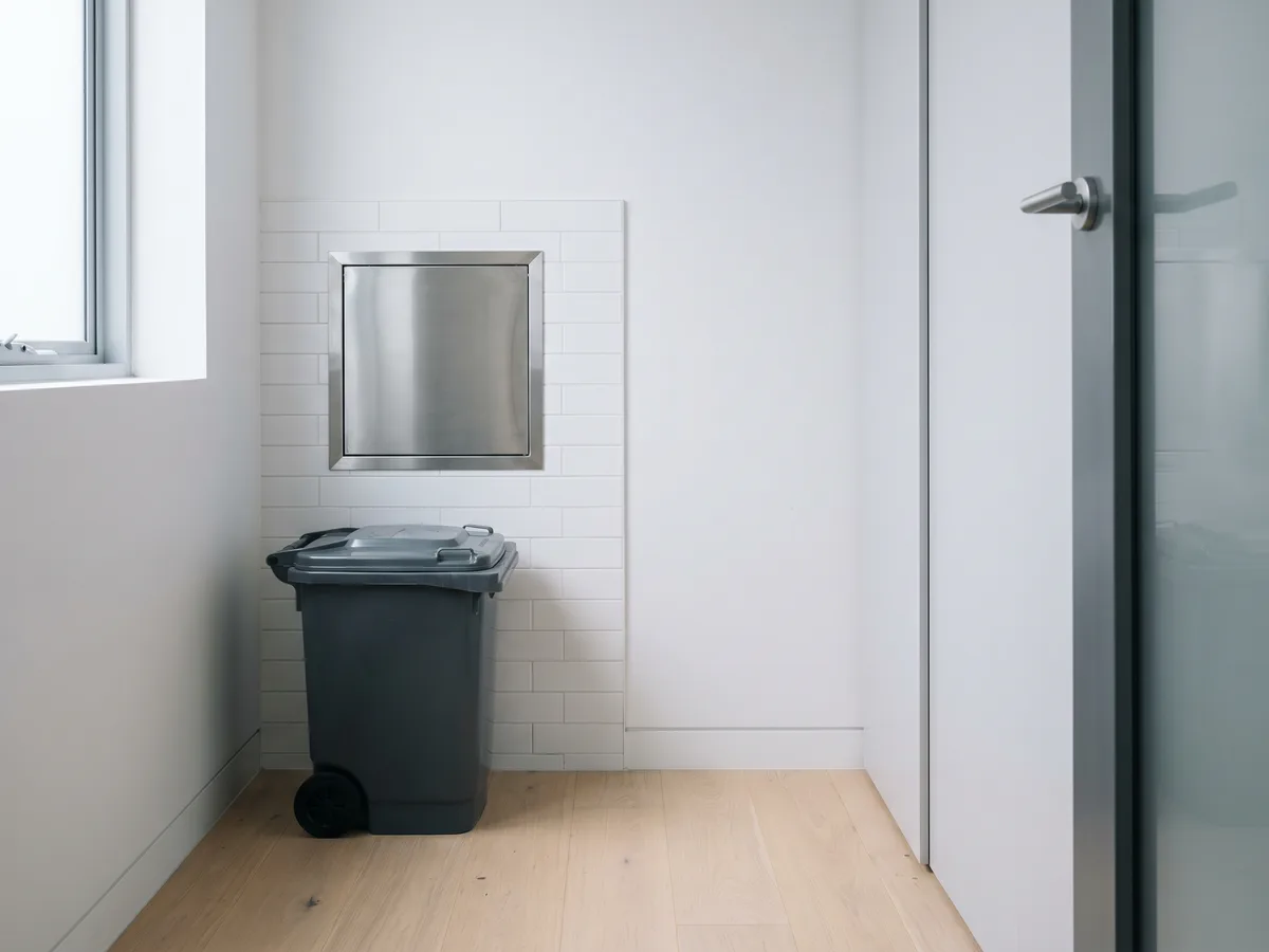 A stainless garbage chute hatch in a clean apartment building waste room, about the size of a shopping bag