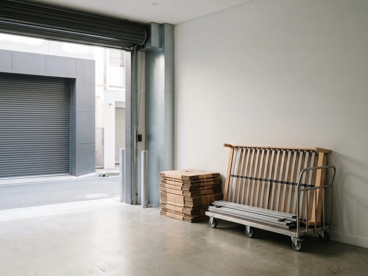 A tidy apartment building loading dock with flattened boxes and a bed base staged for pickup