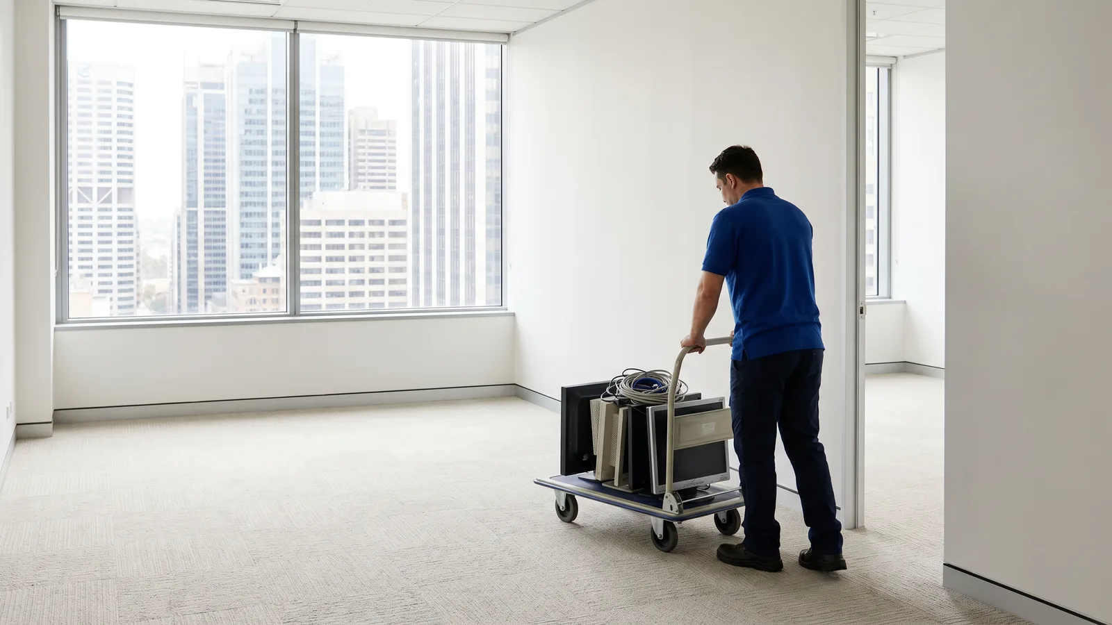 A nearly cleared office floor, monitors stacked on a trolley, city towers through the glass