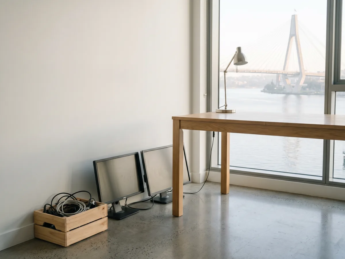 A Pyrmont apartment desk being packed down, monitors against the wall, the Anzac Bridge through the window