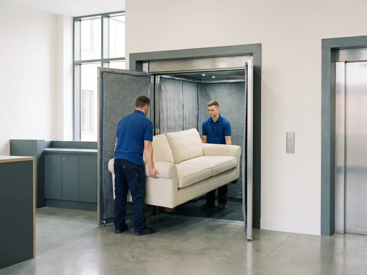 Two crew easing a sofa into a padded goods lift